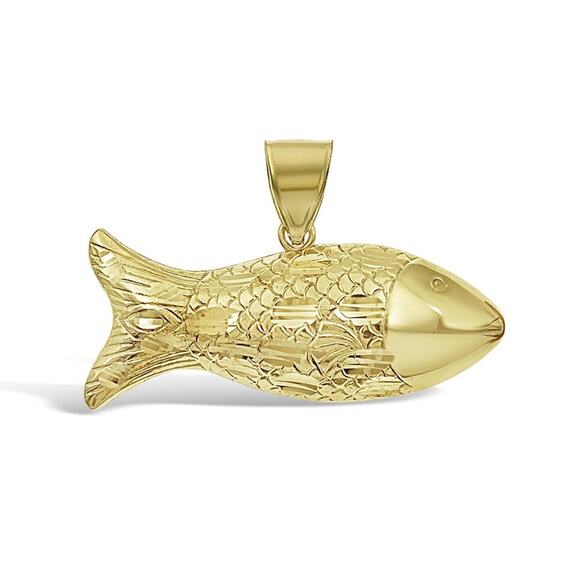 Real 10k Yellow Gold Fish Pendant Charm 1.6" - Picture 1 of 3